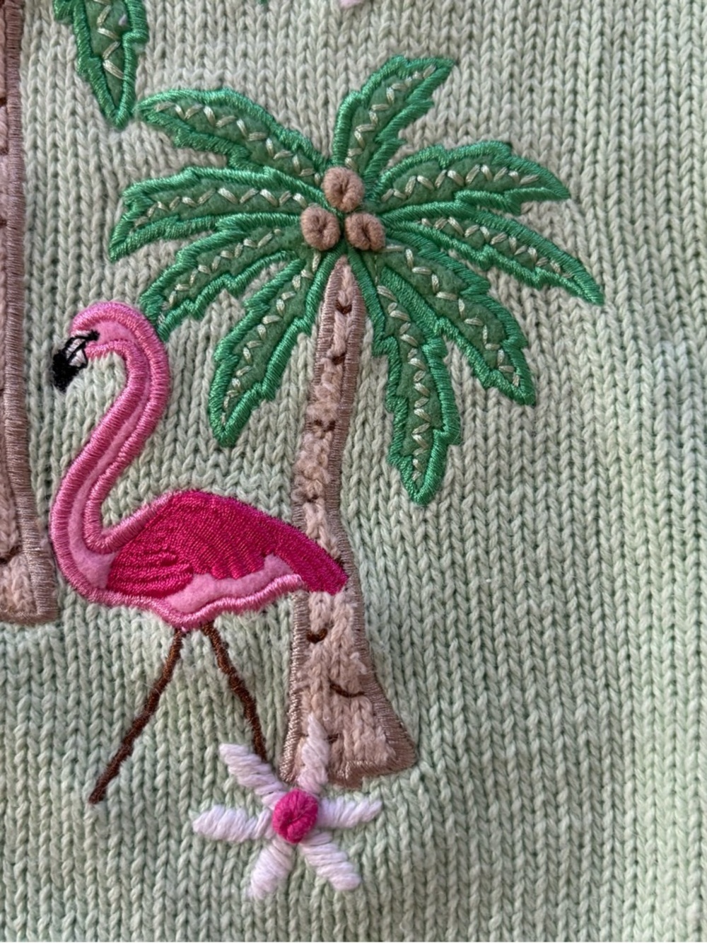 Vintage Mandal Bay Green Pink Tropical Flamingo Palm Cotton Knit Vest SZ L - Picture 4 of 11